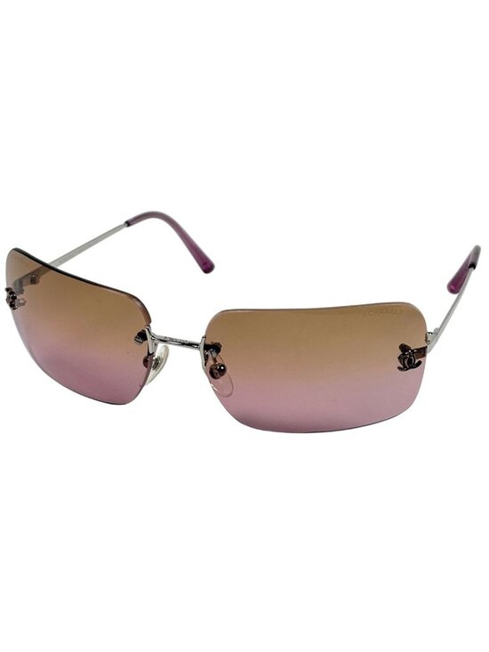 Chanel CC Logo Sunglasses Rimless Eyewear Metal Pink Silver
